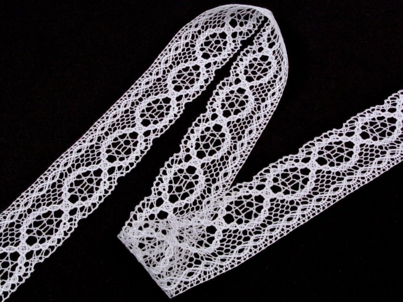 Cotton bobbin lace 75065, width 47 mm, white merc.