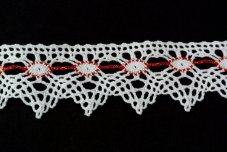 Cotton bobbin lace 75041, width 40 mm, white/ light red/ Lurex gold