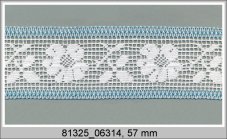 Cotton bobbin lace insert 81325, width 57 mm, white/ turquoise