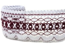 Cotton bobbin lace 75335, width 75 mm, white/ cranberry