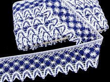 Cotton bobbin lace 75293, width 68 mm, white/ dark blue