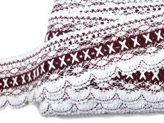 Cotton bobbin lace 75335, width 75 mm, white/ cranberry