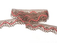 Cotton bobbin lace 75416, width 27 mm, dark beige/ red coral