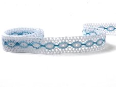 Cotton bobbin lace insert 75305, width 18 mm, white/ turquoise