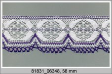 Cotton bobbin lace 81831, width 58 mm, white/ purple