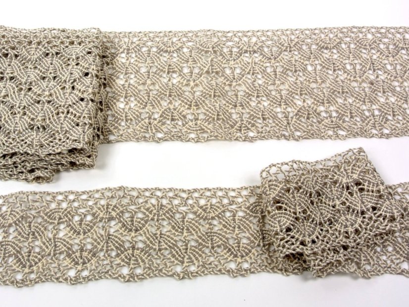 Cotton bobbin lace 75543, width 82 mm, ecru/ dark linen gray