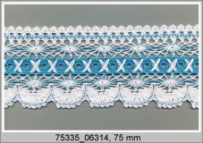 Cotton bobbin lace 75335, width 75 mm, white/ turquoise