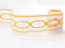 Cotton bobbin lace 75037, width 57 mm, white/ dark yellow