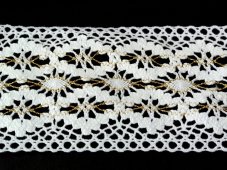 Cotton bobbin lace insert 75036, width 100 mm, white/ Lurex gold