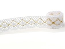 Cotton bobbin lace 82231, width 32 mm, white/ Lurex gold