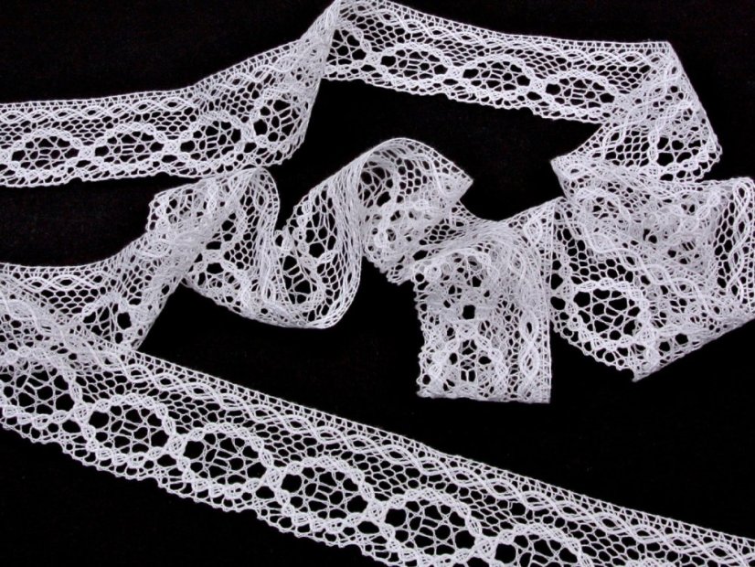 Cotton bobbin lace 75065, width 47 mm, white merc.