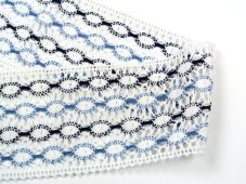 Cotton bobbin lace insert 75117, width 80 mm, white/ light blue/ dark blue