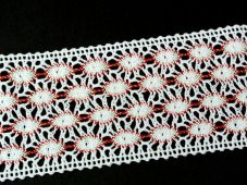 Cotton bobbin lace insert 75117, width 80 mm, white/red/Lurex gold