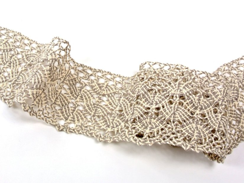 Cotton bobbin lace 75543, width 82 mm, ecru/ dark linen gray