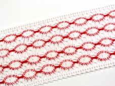 Cotton bobbin lace insert 75117, width 80 mm, white/ light red