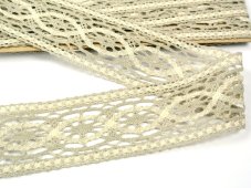 Cotton bobbin lace insert 75038, width 52 mm, light linen gray/ ecru