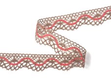 Cotton bobbin lace 75416, width 27 mm, dark beige/ red coral