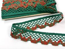 Cotton bobbin lace 75067, width 47 mm, dark green/ red/ light green