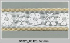 Cotton bobbin lace insert 81325, width 57 mm, white/ dark yellow
