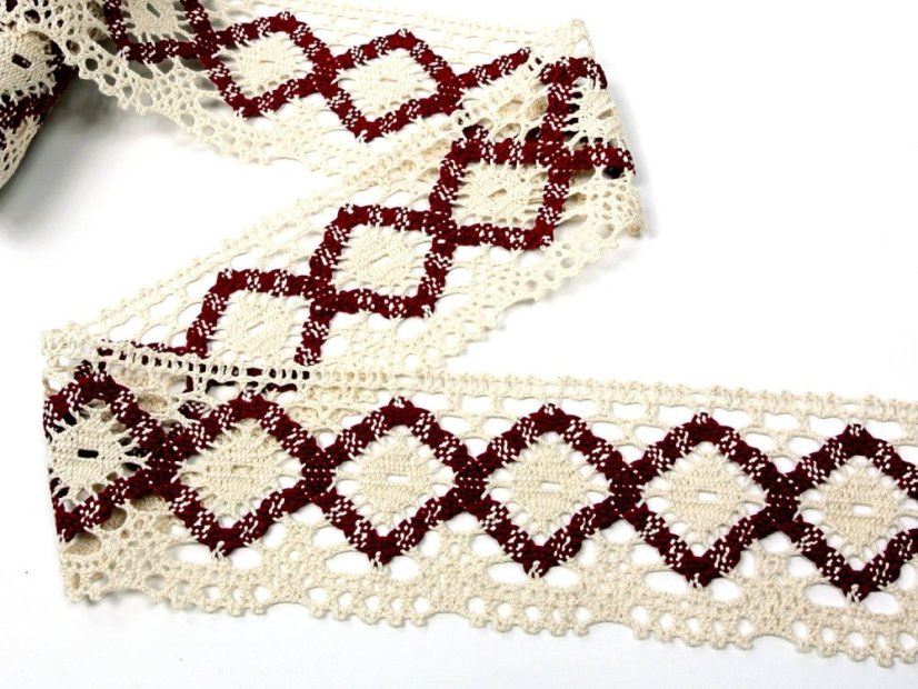 Cotton bobbin lace 75608, width 80 mm, light cream/ cranberry