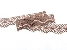 Cotton bobbin lace 75416, width 27 mm, dark beige/ light pink