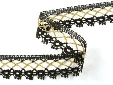 Cotton bobbin lace 82293, width 32 mm, dark brown/ Lurex gold