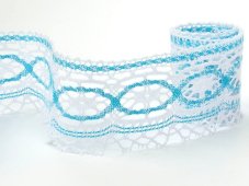Cotton bobbin lace 75037, width 57 mm, white/ turquoise