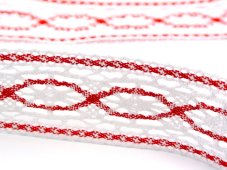 Cotton bobbin lace insert 75038, width 52 mm, white/ light red
