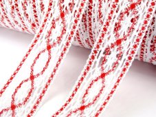 Cotton bobbin lace insert 75038, width 52 mm, white/ light red