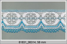 Cotton bobbin lace 81831, width 58 mm, white/ turquoise
