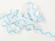 Cotton bobbin lace 75423, width 26 mm, white/ turquoise