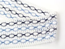 Cotton bobbin lace insert 75117, width 80 mm, white/ light blue/ dark blue