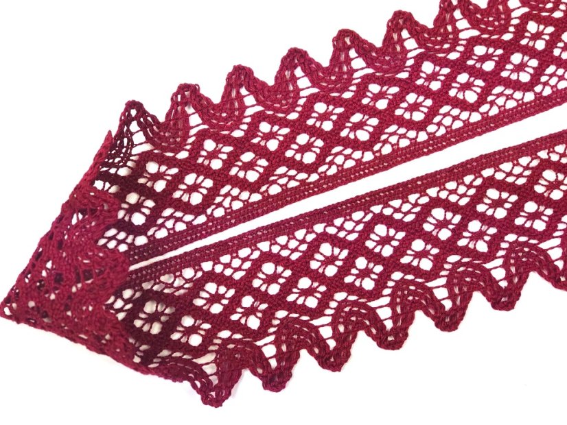 Cotton bobbin lace 75293, width 68 mm, cranberry