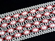 Cotton bobbin lace insert 75117, width 80 mm, white/ light red