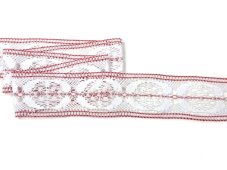 Cotton bobbin lace insert 81830, width 43 mm, white/red