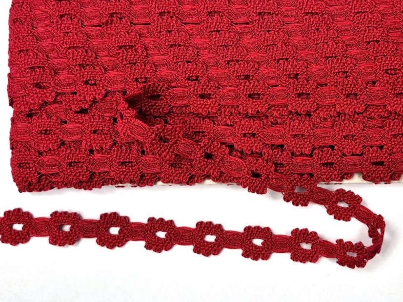 Cotton bobbin lace insert 75527, width 15 mm, light wine