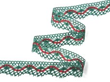 Cotton bobbin lace 75416, width 27 mm, light green/red