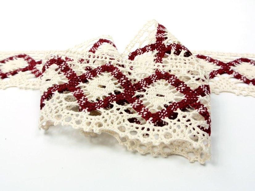 Cotton bobbin lace 75608, width 80 mm, light cream/ cranberry