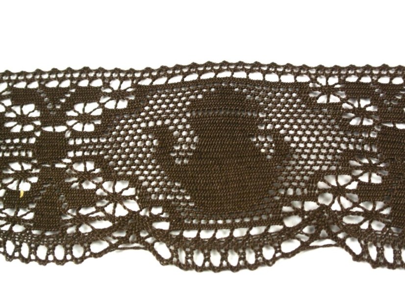 Cotton bobbin lace 75061, width 63 mm, dark brown