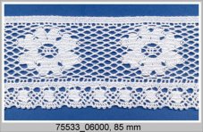 Cotton bobbin lace 75533, width 85 mm, white