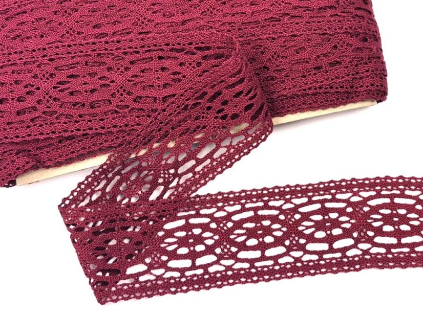 Cotton bobbin lace insert 75038, width 52 mm, cranberry