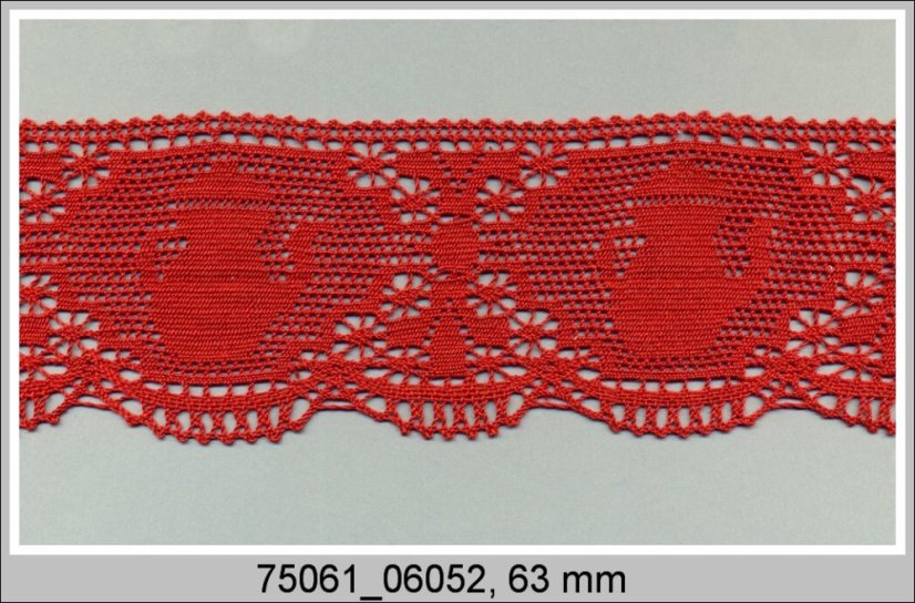 Cotton bobbin lace 75061, width 63 mm, light wine