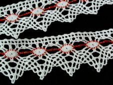 Cotton bobbin lace 75041, width 40 mm, white/ light red/ Lurex gold