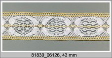 Cotton bobbin lace insert 81830, width 43 mm, white/ dark yellow