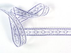Cotton bobbin lace insert 81031, width 15 mm, white/ purple