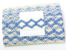 Cotton bobbin lace insert 75264, width 43 mm, ivory/ sky blue