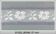 Cotton bobbin lace insert 81325, width 57 mm, white/ purple