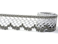 Cotton bobbin lace 75067, width 47 mm, white/ dark linen gray