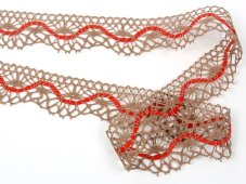 Cotton bobbin lace 75416, width 27 mm, dark beige/ red
